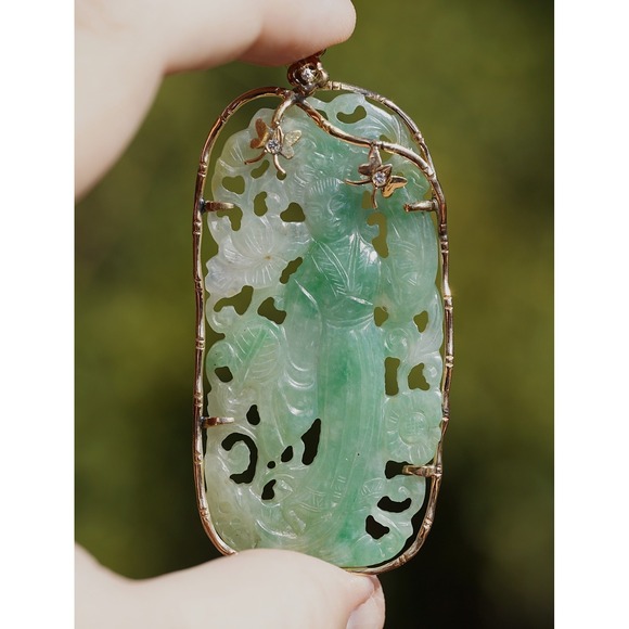 Antique 14k Solid Gold Natural Untreated Jadeite Jade & Diamond Pendant 28g - Picture 6 of 14